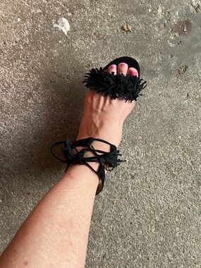 Material Girl Black Fringe Lace-Up Heels